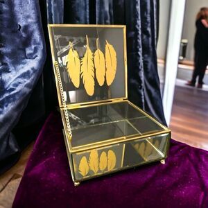 Witchy LARGE Feather Print Glass Jewelry Box Vtg Trinket Gold Tone Western Boho